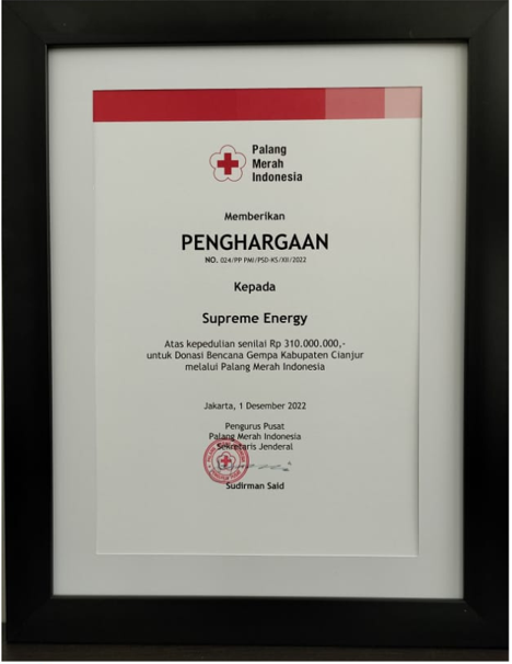 Donasi Supreme Energy untuk korban bencana alam gempa Cianjur kepada PMI